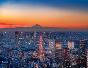 Fototapeta premium a breathtaking aerial view of tokyo at dusk showcasing the city s vibrant lights and skyscrapers against the backdrop of mount fuji