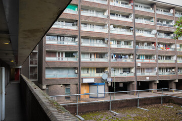 An old council block in Grahame Park housing estate in London
