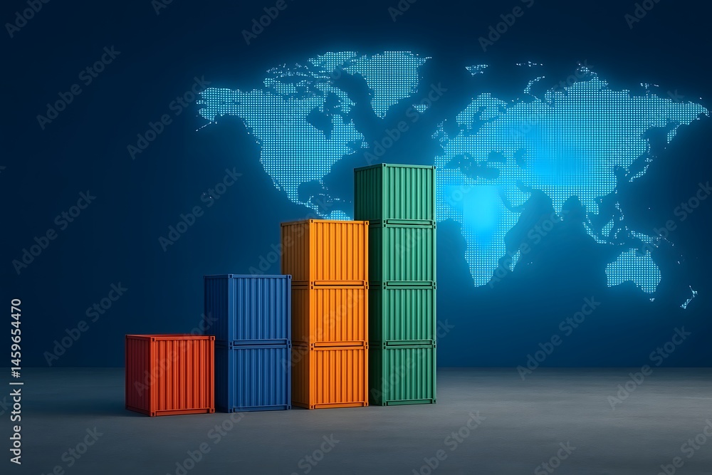 Poster global trade and shipping concept represented by colorful cargo containers against a world map in a 