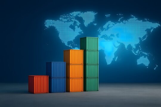 Global trade and shipping concept represented by colorful cargo containers against a world map in a modern digital composition - Powered by Adobe