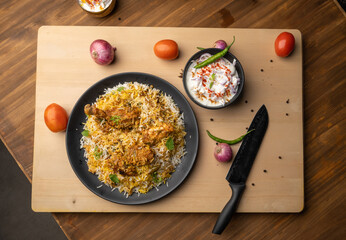 Spicy chicken biryani in pot. served with onion raita	