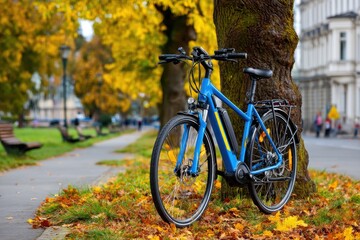 A vibrant blue electric bicycle leaning against a tree trunk in an autumn park, surrounded by colorful fallen leaves, with a blurred cityscape in the background.