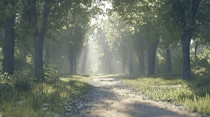 Sunlight-drenched path through a misty woodland.