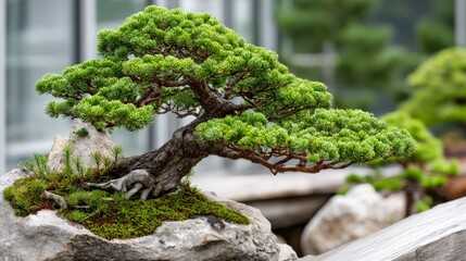 Intricately Designed Bonsai Tree with Green Leaves Growing on Stone Amidst Natural Surroundings