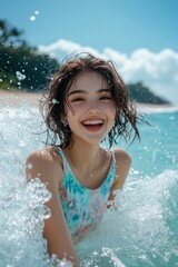 Obraz premium Stunning and hot happy asian young woman in multi-color tight t-shirt enjoying turquoise sea, splashes around her. Happy stress-free trip getaway conceptual art. Bright Ñommercial style.