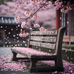 A serene spring scene featuring a weathered wooden bench beneath a blooming cherry blossom tree, with pink petals gently falling and carpeting the ground.