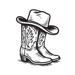 Vintage Cowboy Boots and Hat Vector &ndash; Western Rodeo Style Line Art Illustration