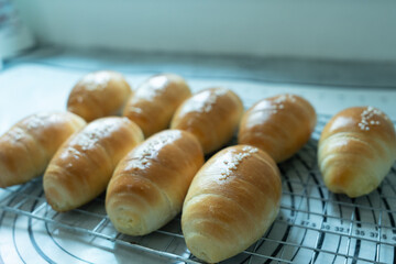 Freshly baked golden bread rolls cooling on a wire rack in a bright kitchen.