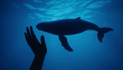 Fototapeta premium Whale Underwater, Human Hand