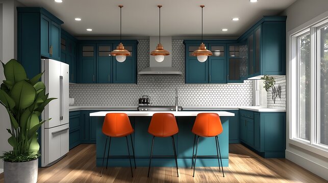Modern kitchen design with teal cabinets orange stools and copper pendant lighting interior decor idea
