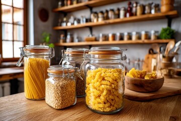 An indoor shot of assorted dry pasta in jars, resting on a wooden countertop in a kitchen, showcasing various types and sizes and providing visual appeal.