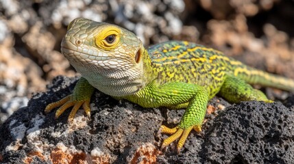 Obraz premium Close-up of a Green and Yellow Lizard on a Rock