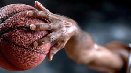 Close-up of a hand gripping a basketball, showcasing the player's athleticism and focus.  The ball is held in a dynamic position, suggesting an upcoming shot or pass