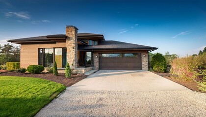 modern ranch house with a private driveway