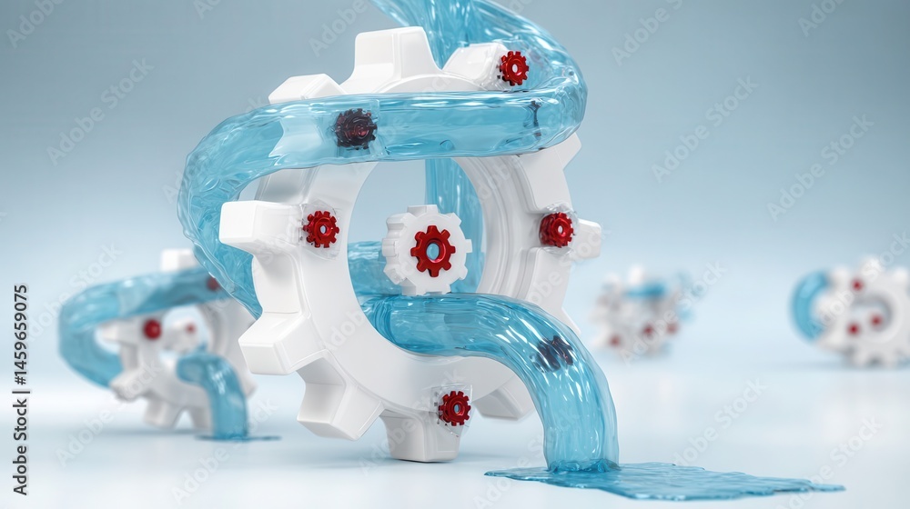 Poster abstract design of interlocking gears with flowing liquid.