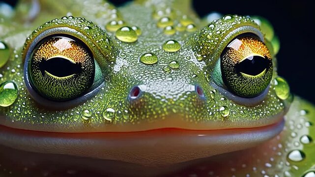 Close-up of a frog's face with water droplets, detailed eyes. Possible use Educational materials, nature photography