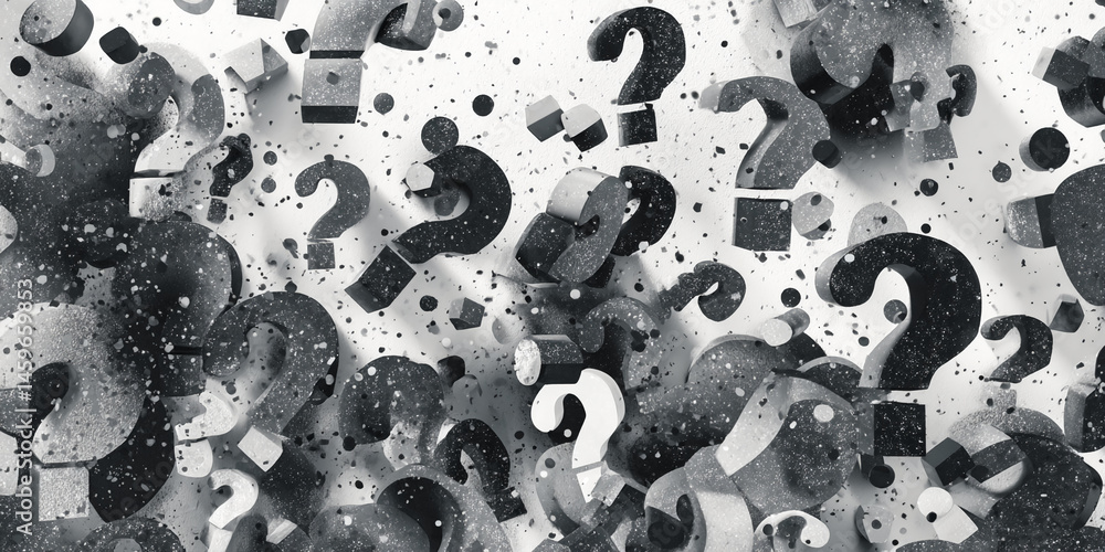 Poster Many textured grayscale question marks float on white background, creating a sense of uncertainty, query, or brainstorming concept
