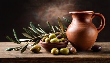 rustic still life of olives and clay jug on wooden table with olive branches