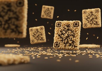 Rice Grain QR Code Squares Floating Abstract Technology and Food Concept