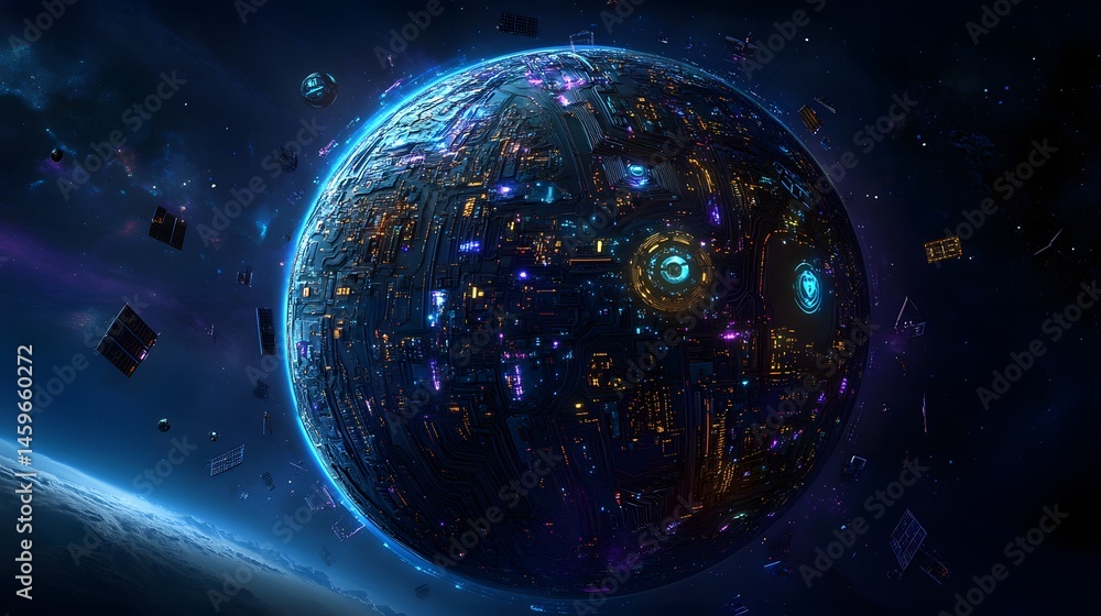 Poster a futuristic, glowing space object in deep space.