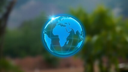 Glowing Blue World Globe Against A Soft Green Natural Background Image