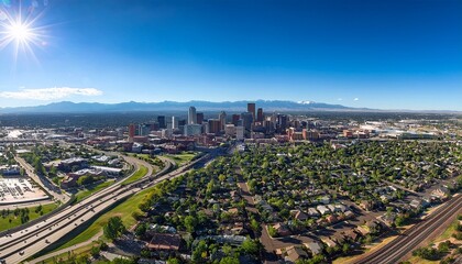 aerial panorama of denver showcasing the vibrant downtown skyline extending to the serene outskirts and majestic distant mountains under a clear sky