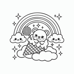 Cute Kawaii Coloring Page – Smiling Rainbow, Teddy Bear in Ice Cream Cup, and Happy Stars