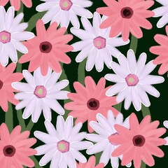 Bright floral pattern featuring pink and pale lilac daisies on a dark green background.