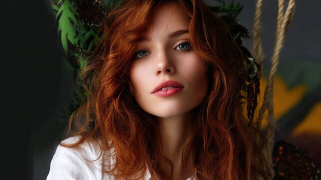Close-up portrait of a young woman with vibrant red hair and striking blue eyes surrounded by green foliage and butterflies