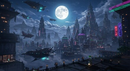 Obraz premium Night Cityscape, Futuristic, Steam Punk