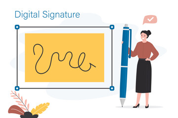 Confident business woman signing contract with digital pen. Digital signature, business contract, electronic contract, e-signature concept. flat design for web banner,