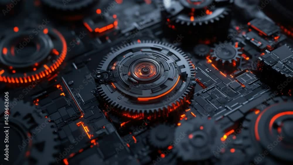 Aufkleber dark futuristic background with interconnected gears and glowing orange elements in a high-tech envi