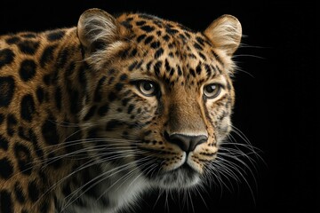 Close-up of a majestic leopard against a black background.  Its intense gaze and stunning coat are captivating.