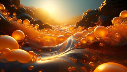 flowing river of orange caviar like bubbles with dreamy golden sunlight