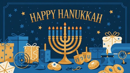 Festive Hanukkah Celebration with Menorah Candles Dreidels Gelt and Wrapped Gifts Traditional Jewish Holiday Background with Blue and Gold Decor Happy Hanukkah Greeting Card with Starry Confetti