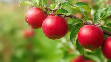 Obraz premium Red apples hanging on branch
