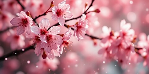 Obraz premium Digital Watercolor Cherry Blossoms with Water Droplets and Vintage Tone