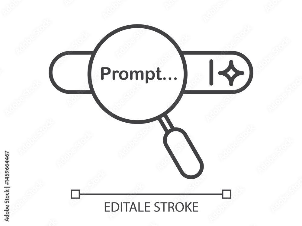 Poster Concept of Artificial Intelligence. Magnifying glass with AI search bar. AI searching and analysis. Data analysis, machine learning, and smart search engine. Vector illustration. Editable stroke.