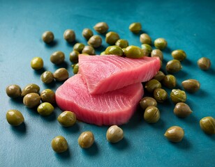 tuna steaks with capers sit above a scattering of the green berry like fruit