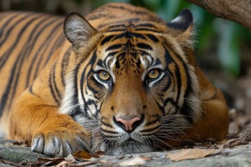 Obraz premium Striking close-up of a Sumatran tiger resting in its natural habitat. Intense gaze and rich colors.