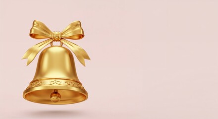 Golden bell with bow on soft pink background