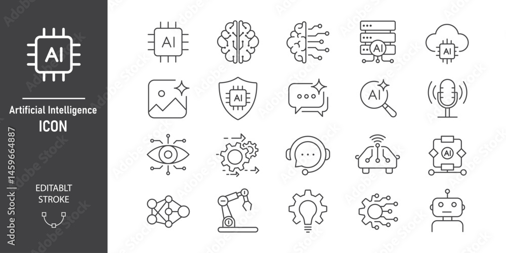 Poster Artificial intelligence icon set.  Data analysis, AI technology, deep learning, smart car, algorithm, neural network, and generate. Icon element for app and web. Vector illustration. Editable stroke.