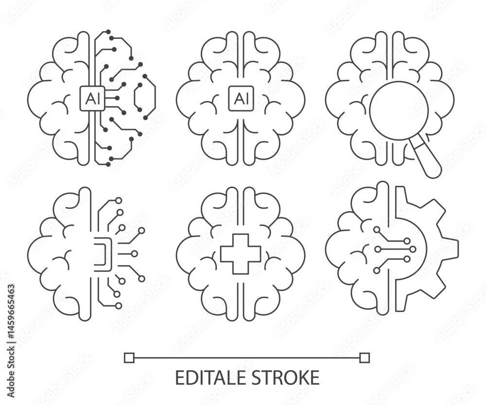 Poster set of brain and innovation icon. human brain with circuit ai chipset, magnifying glass, gear, and h