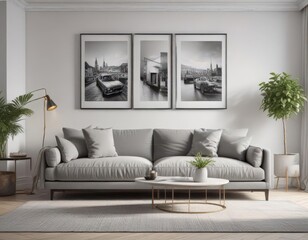 Stylish living room, grey sofa, framed prints on white wall , home decor, photography