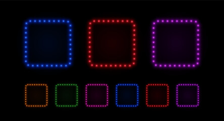 Light square neon frame with bulbs. Retro led lamps box border. Set of vector elements in blue, green and purple for cinema, casino and circus advertising.