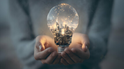 Illuminating innovation featuring a captivating cityscape captured within a shining light bulb held gently