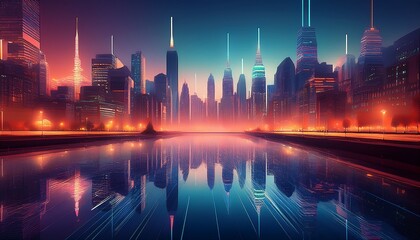in this digital cityscape the urban lights are reflected in a river as the city skyline glows with a soft ethereal light at twilight