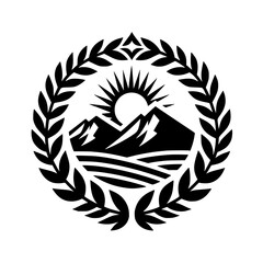Black and White Mountain Sunrise Emblem with Laurel Wreath