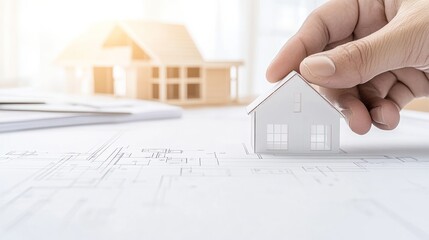 White house model on architectural blueprints home construction concept