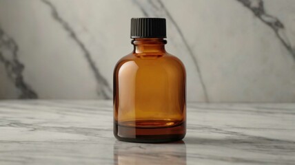 Amber glass bottle with black cap on a marble surface.